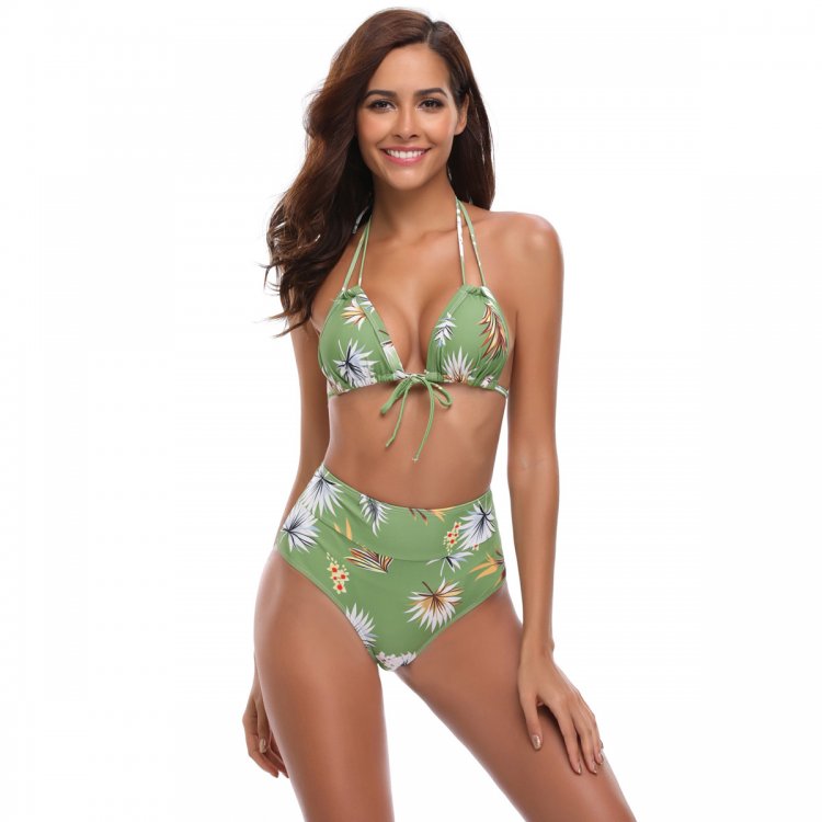 Light Green Printed Halter Bikini High Waisted Swimsuit