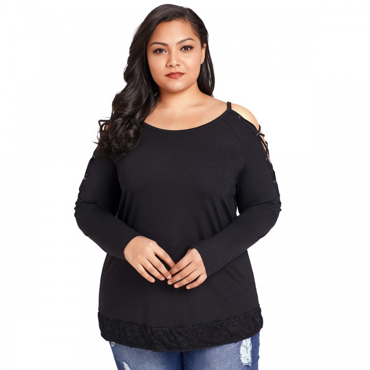 Black Lace up Sleeves Plus Size Top
