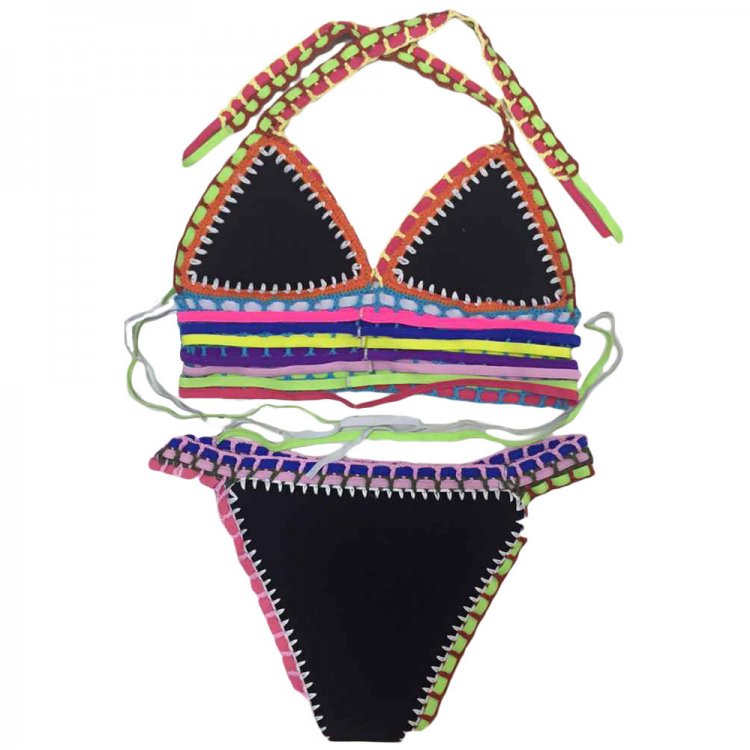 Multicolor Tie Up Crochet Black Neoprene Bikini Swimsuit