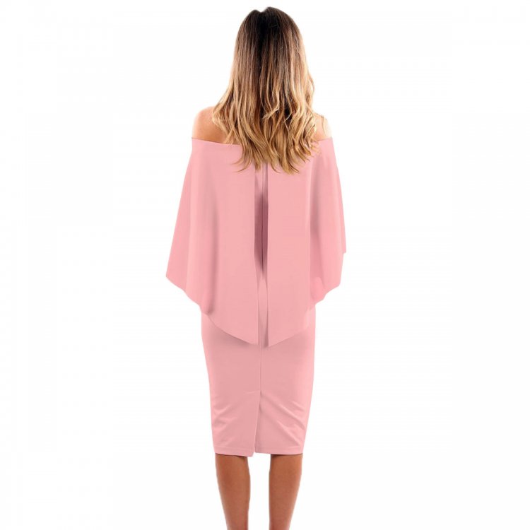 Pink Luxurious Off Shoulder Batwing Cape Midi Dress