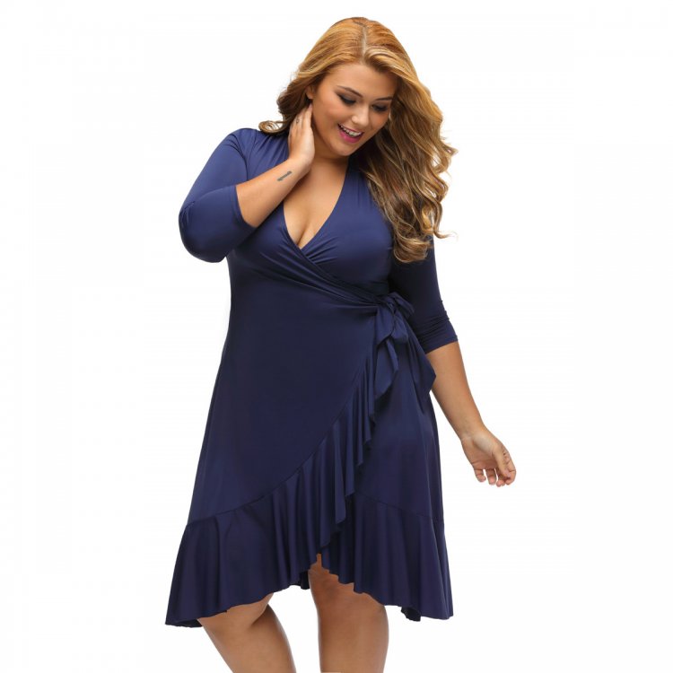 Navy Blue Whimsy Wrap Flounce Plus Size Dress