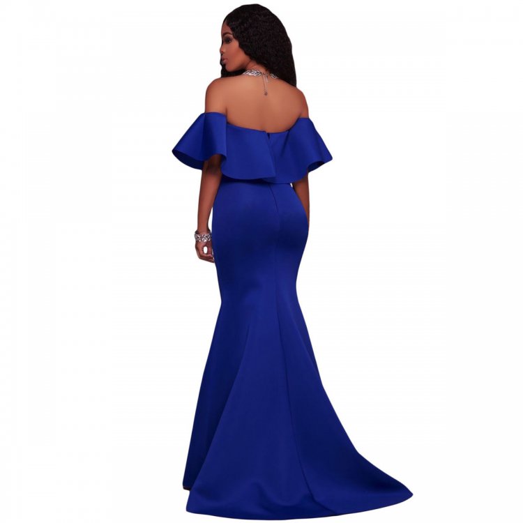Royal Blue Ruffle Off Shoulder Ponti Maxi Party Dress