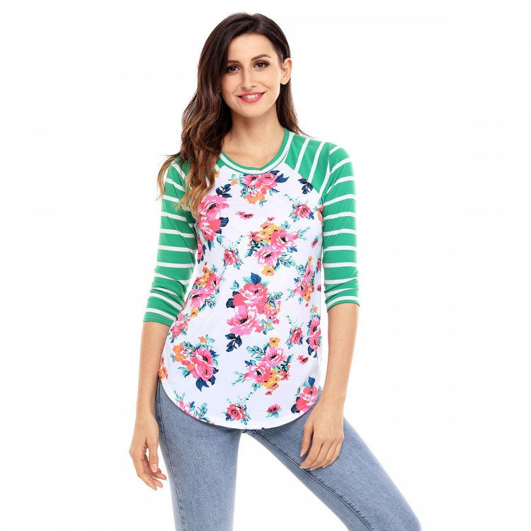 Green Striped Sleeves White Floral Top