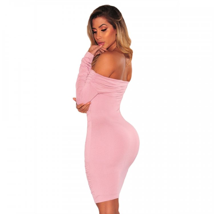 Pink Ruched Off Shoulder Long Sleeves Bodycon Dress