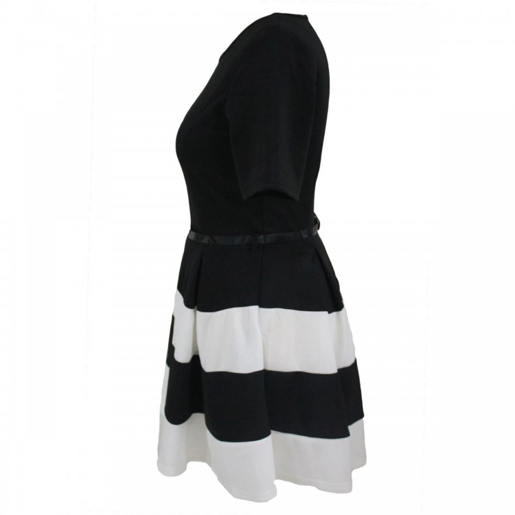 White Stripes Detail Belted Plus Size Skater Dress