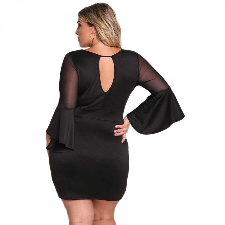 Black Plus Size Mesh Trim Bell Sleeve Bodycon Dress