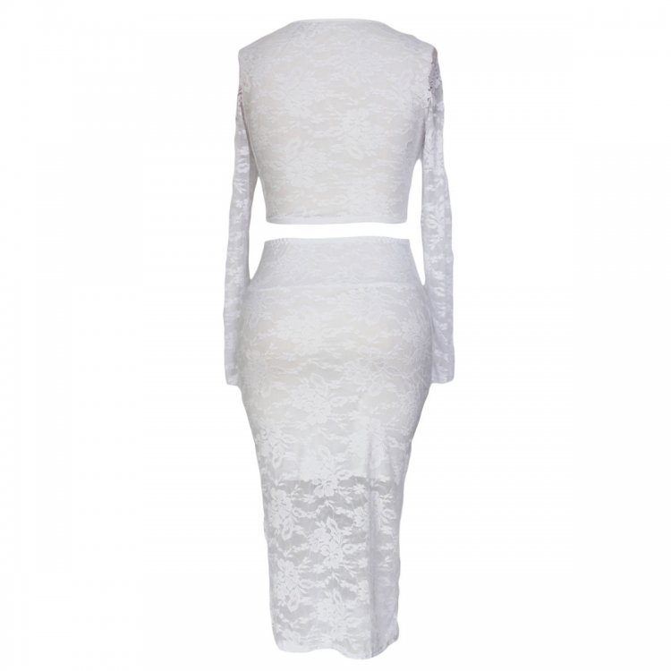 White Lace Overlay Long-sleeve Skirt Set