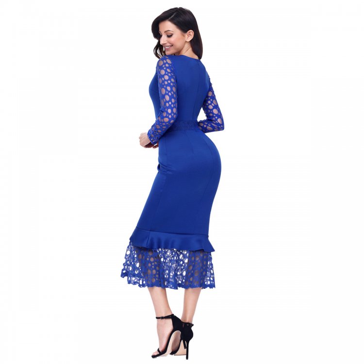 Navy Blue Hollow-out Long Sleeve Lace Ruffle Bodycon Midi Dress