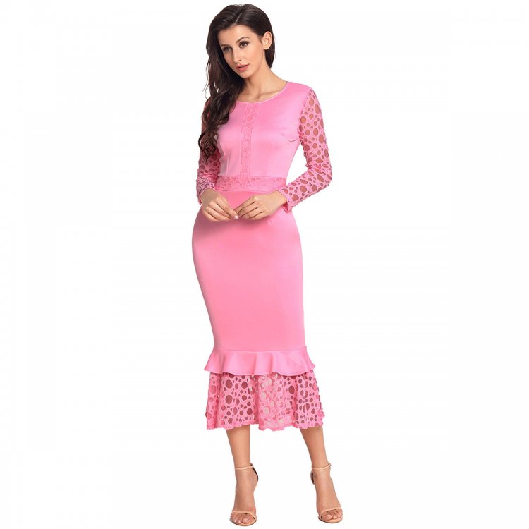 Pink Hollow-out Long Sleeve Lace Ruffle Bodycon Midi Dress