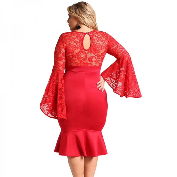 Red Plus Size Lace Bell Sleeve Mermaid Bodycon Dress