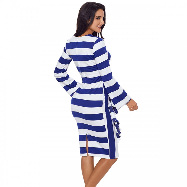 Blue Striped Ruffle Side Back Slit Long Sleeve Midi Dress