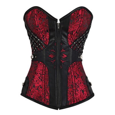 Stud and Faux Leather Trim Zip Front Red Brocade Corset