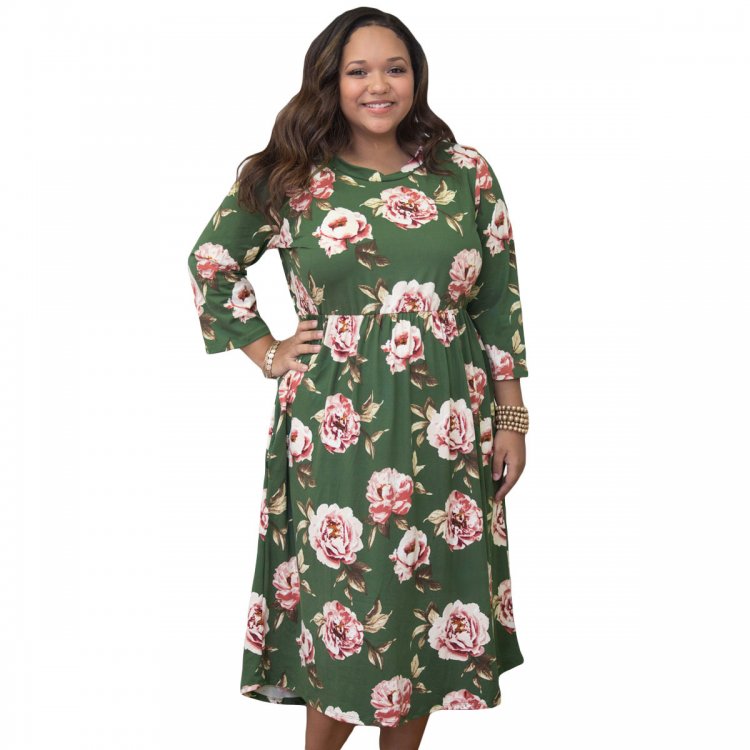 Olive Floral Printing Plus Size Dress