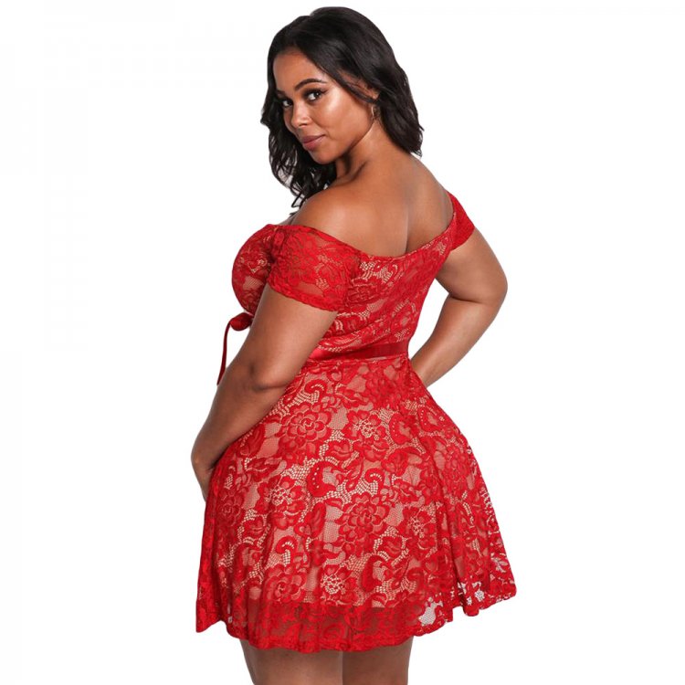 Red Plus Size Floral Lace Flared Off Shoulder Dress