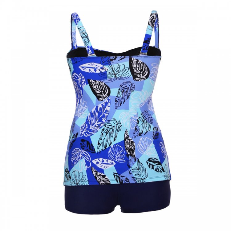 Multiple Blue Leaf Print Swimdress Tankini and Shorts