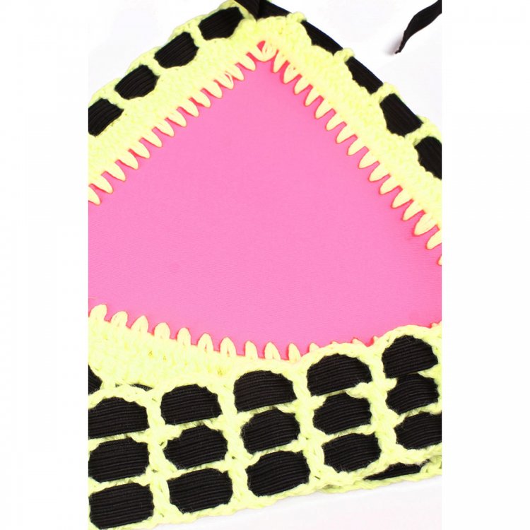 Strappy Halter Crochet Trimmed Pink Neoprene Swimsuit