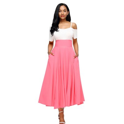 Pink Retro High Waist Pleated Belted Maxi Skirt