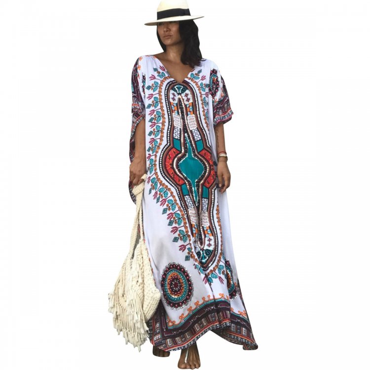 White Ethnic Print Kaftan Maxi Dress