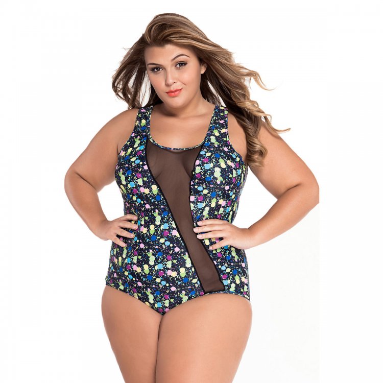 Sheer Mesh Accent Floral Print Plus One-piece Swimwear