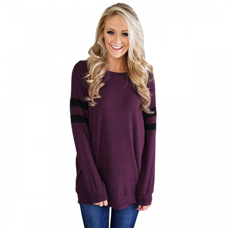 Purple Striped Sleeve Women’s Sweatshirt Top
