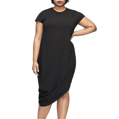 Black Short Sleeve Asymmetrical Hem Plus Size Dress