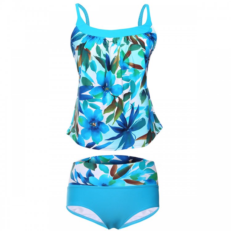 Bluish Floral Print 2pcs Tankini Swimsuit
