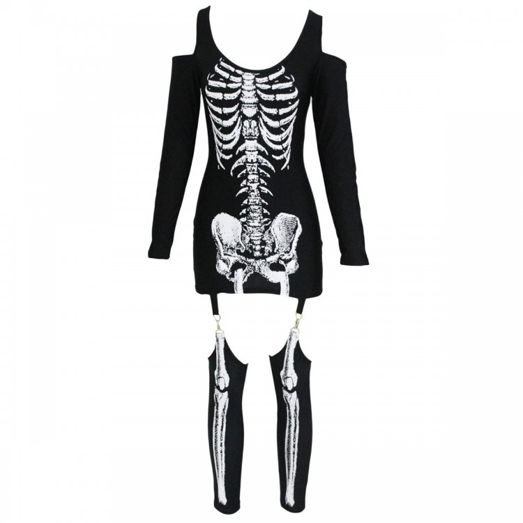 X-rayed Halloween Off-shoulder Skeleton Dress Costume