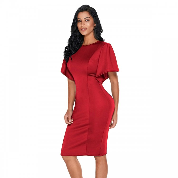Red Flutter Sleeve Back Slit Sheath Dress