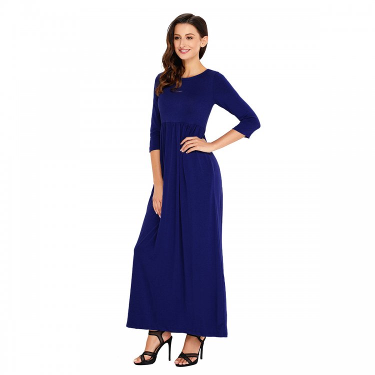 Royal Blue Pocket Design 3/4 Sleeves Maxi Dress