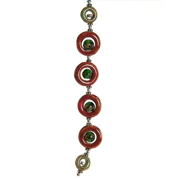 Fashion strung beads, dark green red button