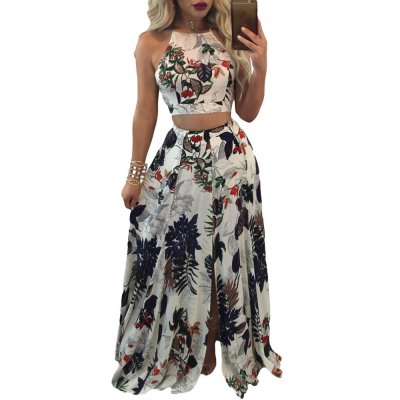 Trendy Floral Crop Top Split Maxi Skirt Set