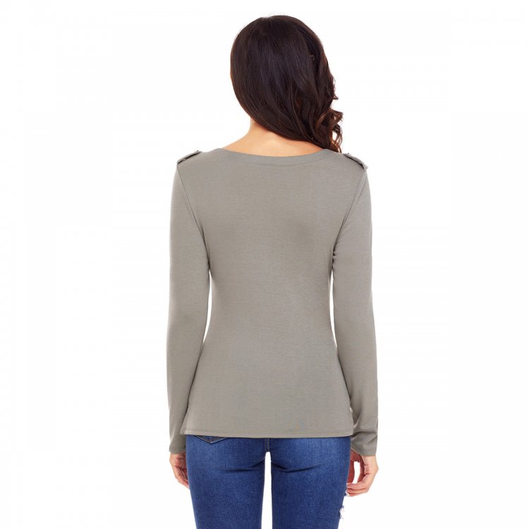 Gray Button Long Sleeve Top with Pockets