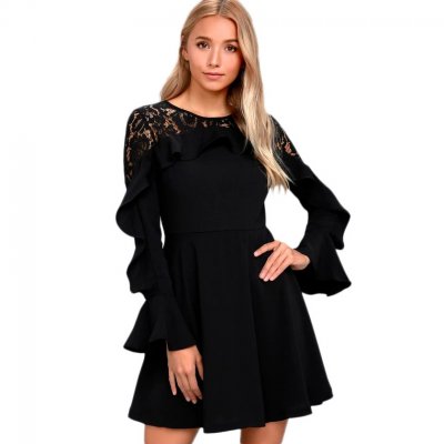 Black Lace Long Sleeve Skater Dress