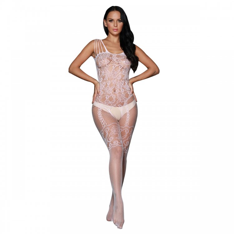 White Strappy Shoulders Floral Motif Mesh Body Stockings