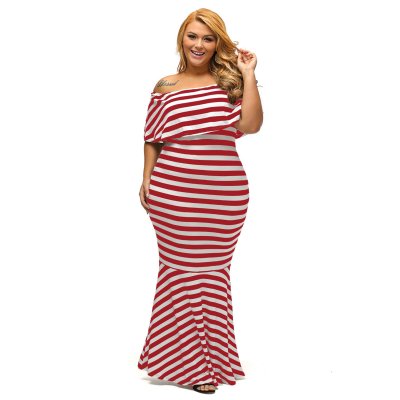 Red White Striped Ruffle Tube Plus Size Maxi Dress