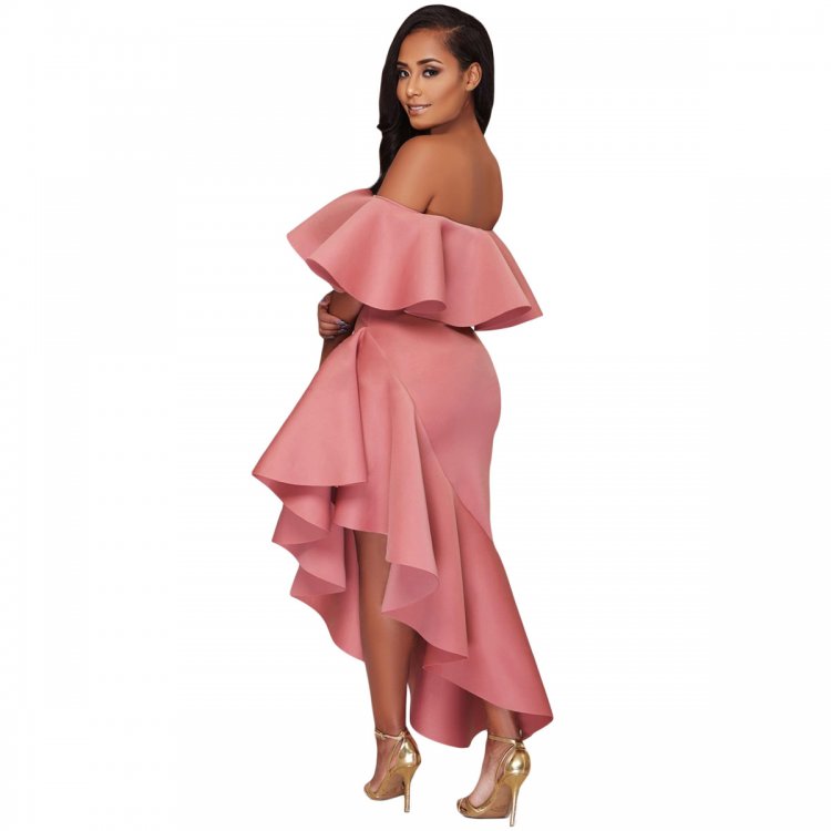 Pink Asymmetric Ruffle Off Shoulder Party Dress