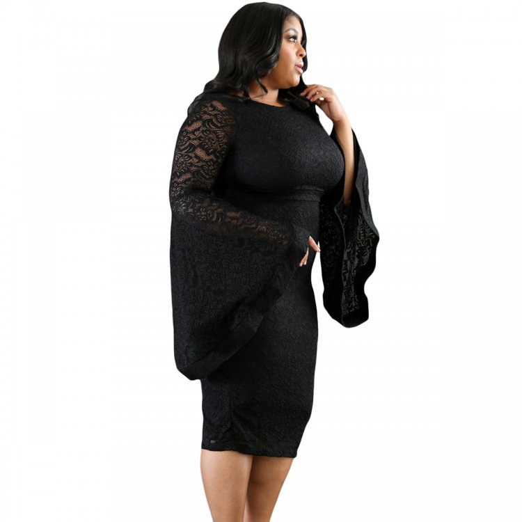 Black Plus Size Bell Sleeves Lace Dress