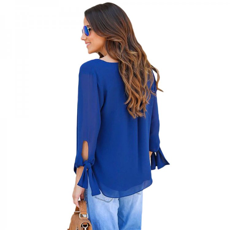 Blue Womens V Neck Ruched Tie Sleeve Top
