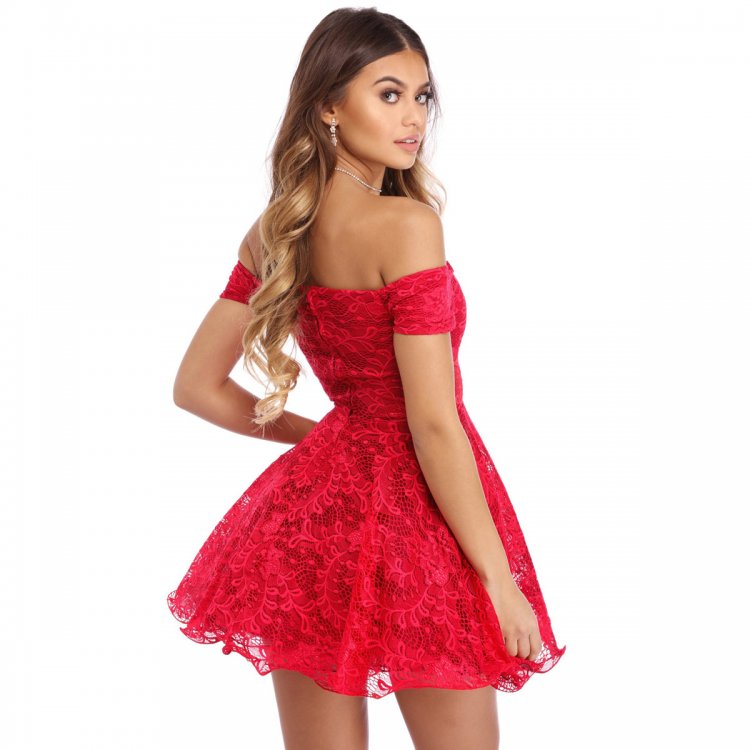Red Strapless Drop Shoulder Lace Skater Dress