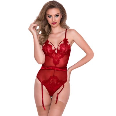 Red Eyelash Lace Teddy with Garters