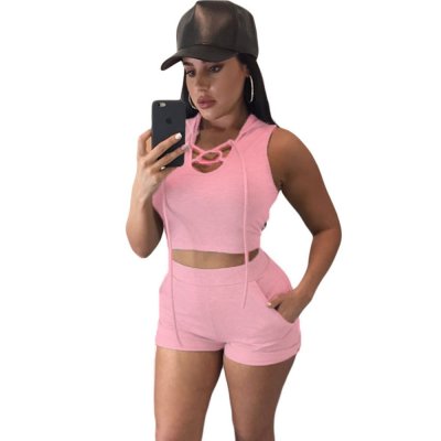 Pink Hooded Crop Top and Short Set