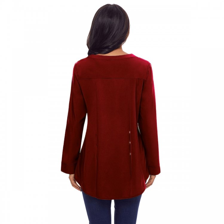 Red Lace Panel Split Neck Roll Tab Sleeve Blouse