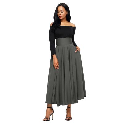 Gray Retro High Waist Pleated Belted Maxi Skirt