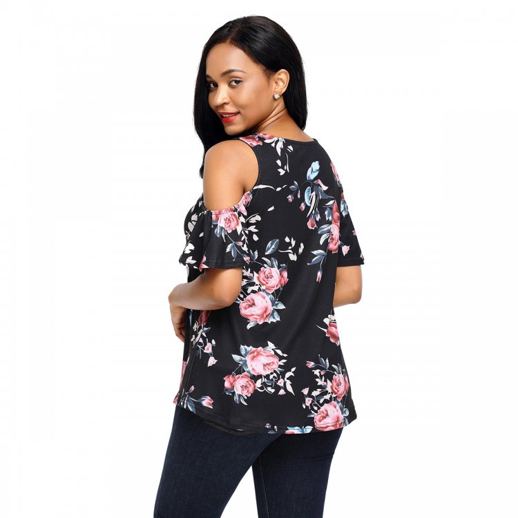 Pink Floral Print Black Background Womens Top