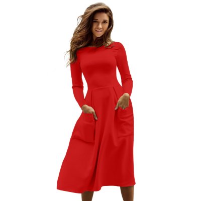 Red Bateau Collar Casual Big Pocket Skater Dress