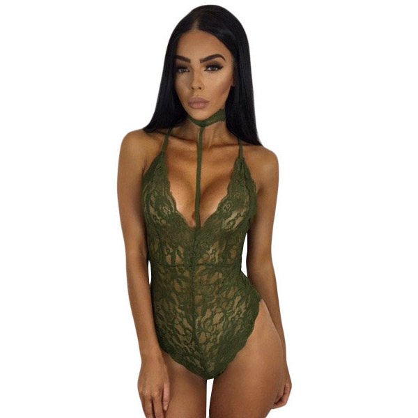 Army Green Sheer Lace Choker Neck Teddy Lingerie