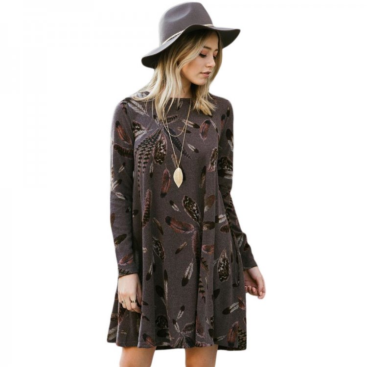 Coffee Feather Graphic Pocket Tunic Dress