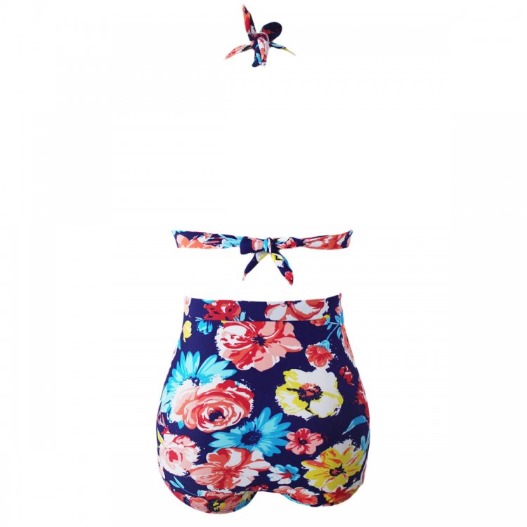 Blooming Navy Retro High Waist 2 Pieces Plus Swimsuit