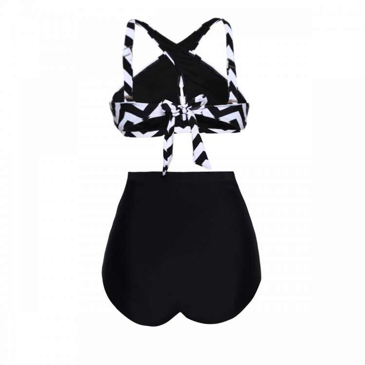 Black White Zigzag Cross Front Bikini High Waist Swimsuit
