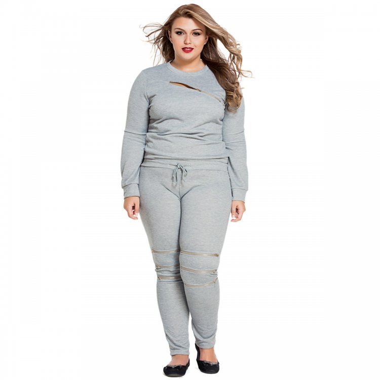 Grey Fashion Sporty Zipped Pants Set